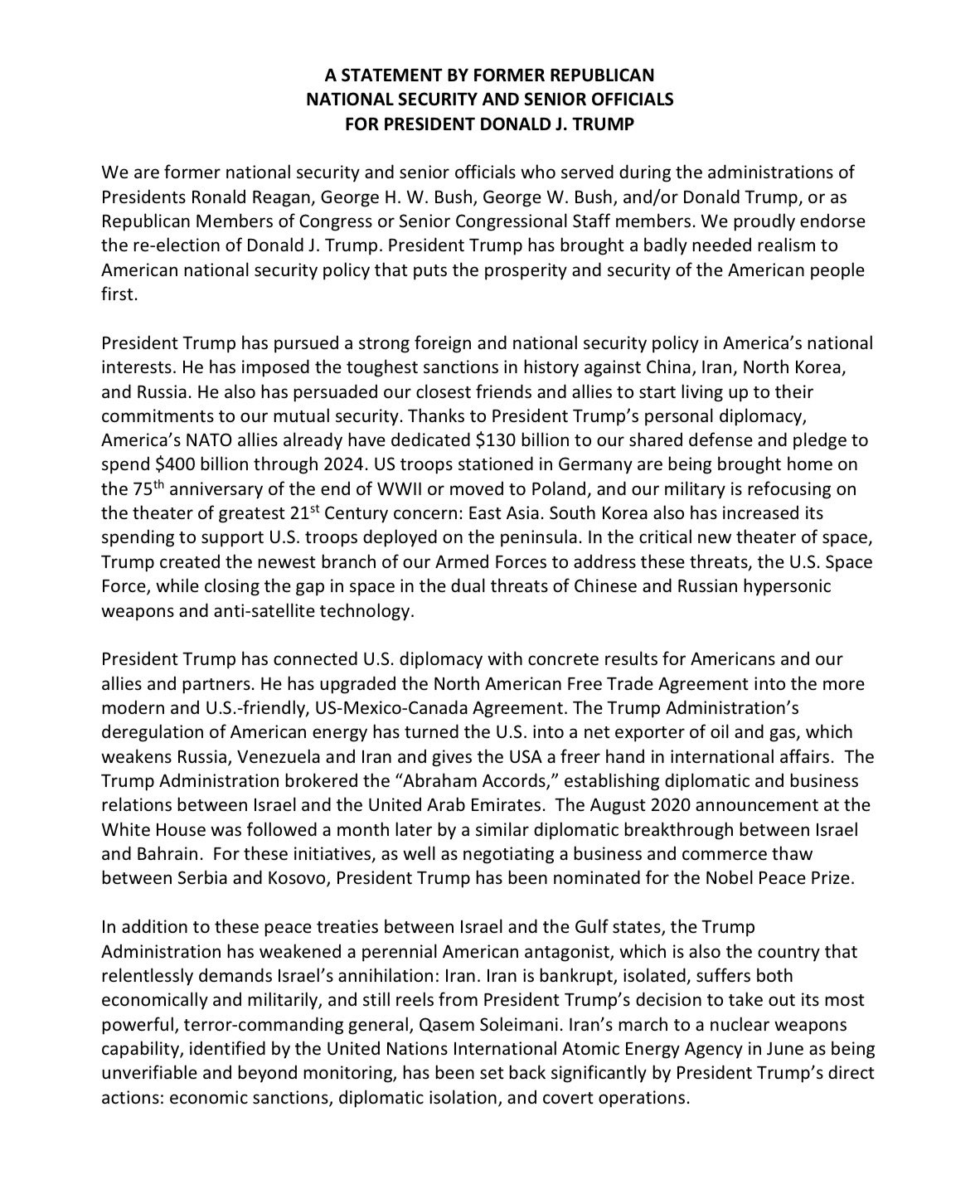 A Statement by Former Republican National Security and Senior Officials For President Donald J. Trump1