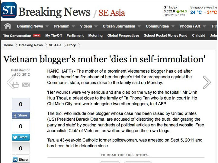 vietnam blogger's s mother dies in self-immolation