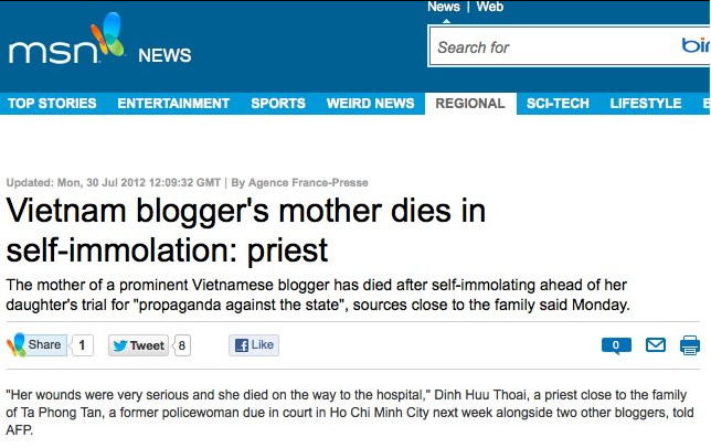 vietnam blogger's mother dies in self-immolation
