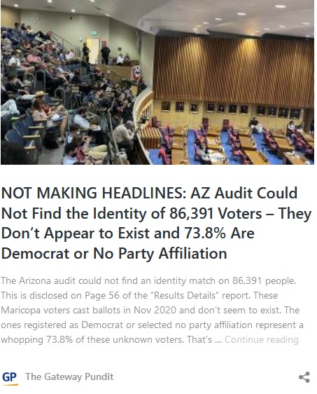 NOT MAKING HEADLINES: AZ Audit Could Not Find the Identity of 86,391 Voters – They Don’t Appear to Exist and 73.8% Are Democrat or No Party Affiliation