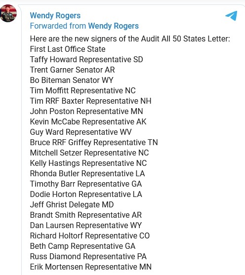Sen Wendy Rogers AZ, New signers of the Audit All 50 States Letter